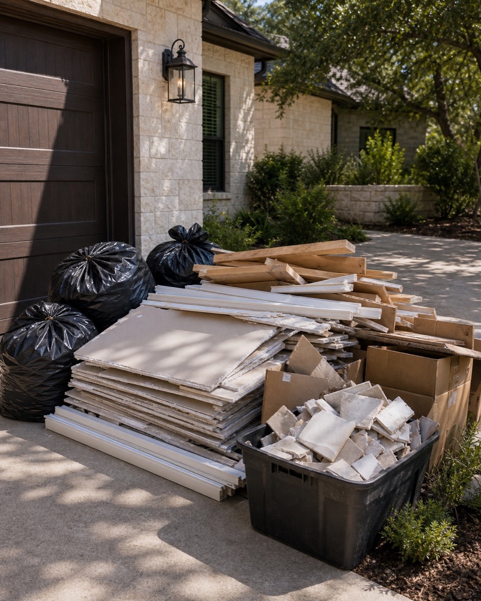 Construction debris staged safely for pickup