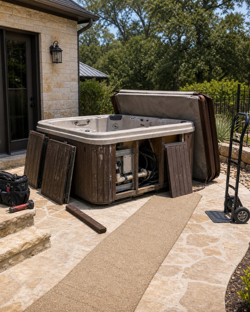 Hot tub staged for junk removal in a New Braunfels backyard